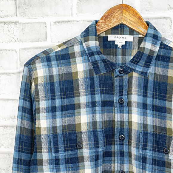 FRAME Denim Men's Flannel Shirt Blue Plaid cotton 2 pocket Medium - Picture 2 of 6